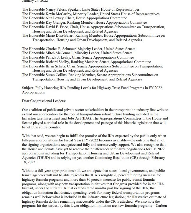 ACPA and Allies Call for Fully Honoring IIJA Funding Levels for HTF Programs in FY22 Appropriations